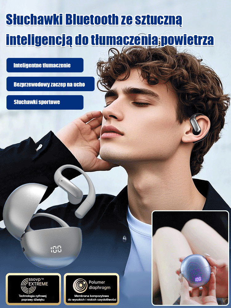 Bezprzewodowe słuchawki Bluetooth z inteligentnym tłumaczeniem AI przez przewodnictwo powietrzne.