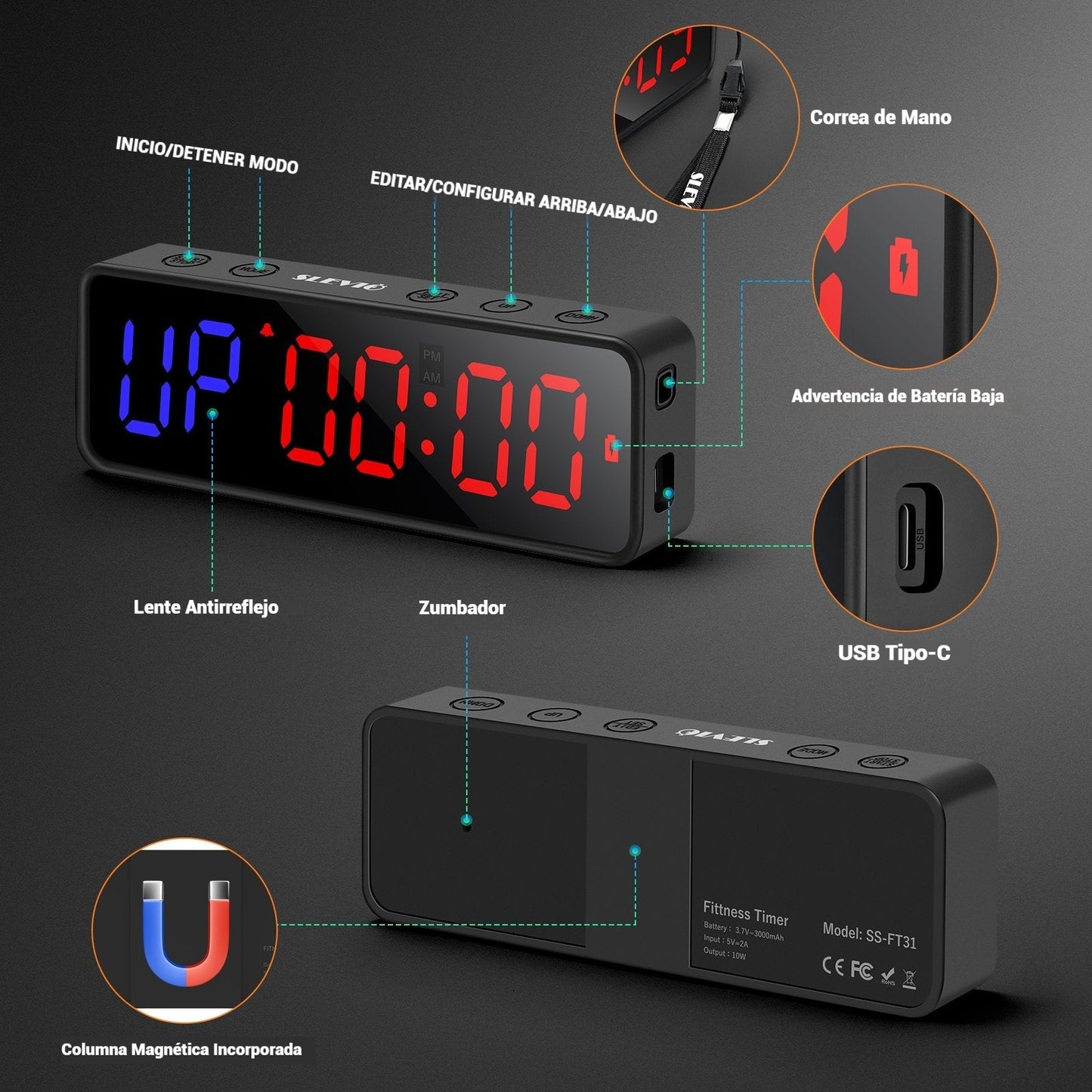 SLEVIO Portable Gym Workout Timer, Fitness Clock Built-in Magnetic